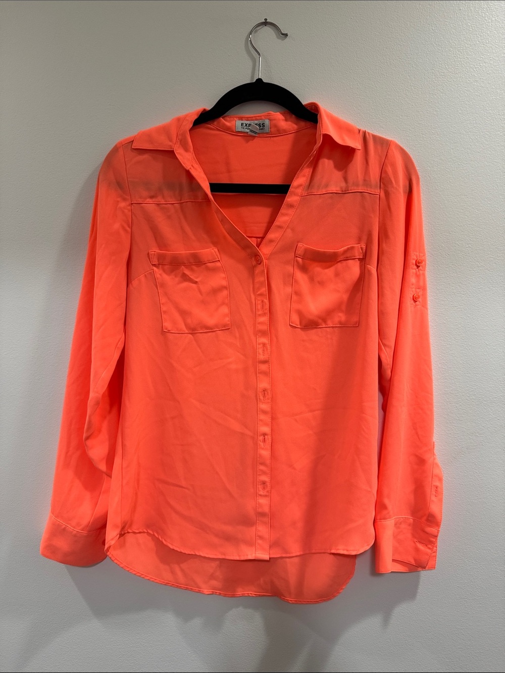 Express Neon Coral Button-Front Utility Shirt